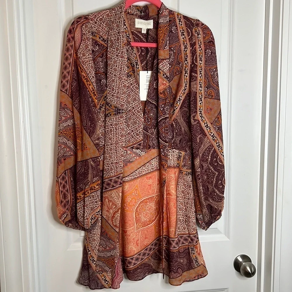 Divine Heritage Orchid Paisley Neck Tie Mini Dress SMALL Patchwork Boho Bin 4 - Picture 3 of 13